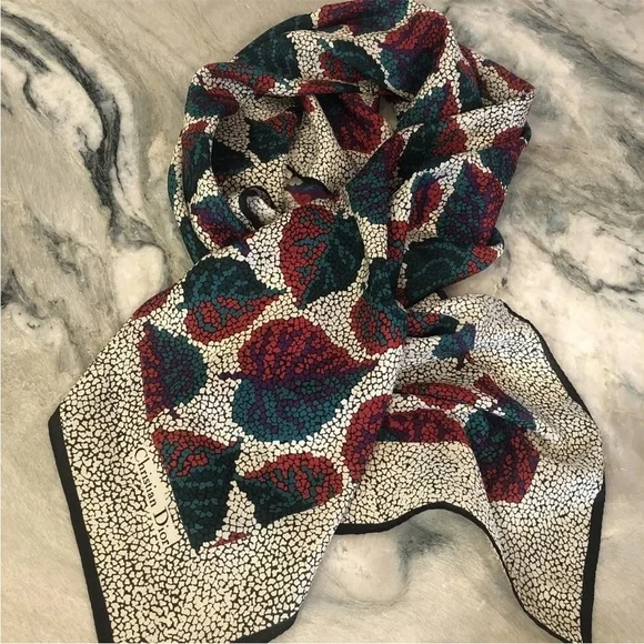 Vtg Christian Dior Silk Scarf  Logo Fall Leaves Classic Echarpes 34 X 34 square - Picture 4 of 11